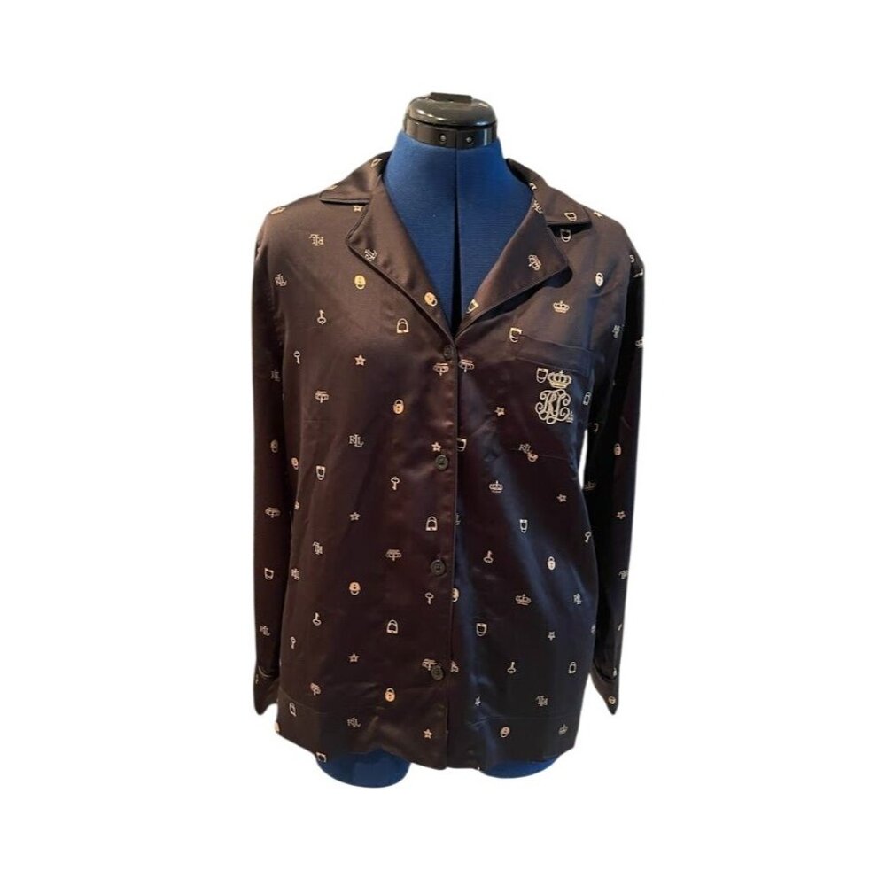 Lauren Ralph Lauren‎ Black Satin Pajama Top With Gold Logo Print & Pocket Detail